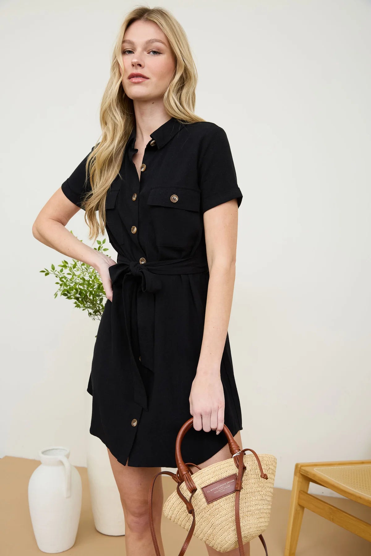 Malibu collared button belted button down tie waist dress pcr2252 black