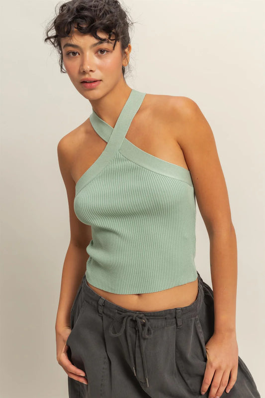 Malibu halter neck ribbed top dz25a907 sage green