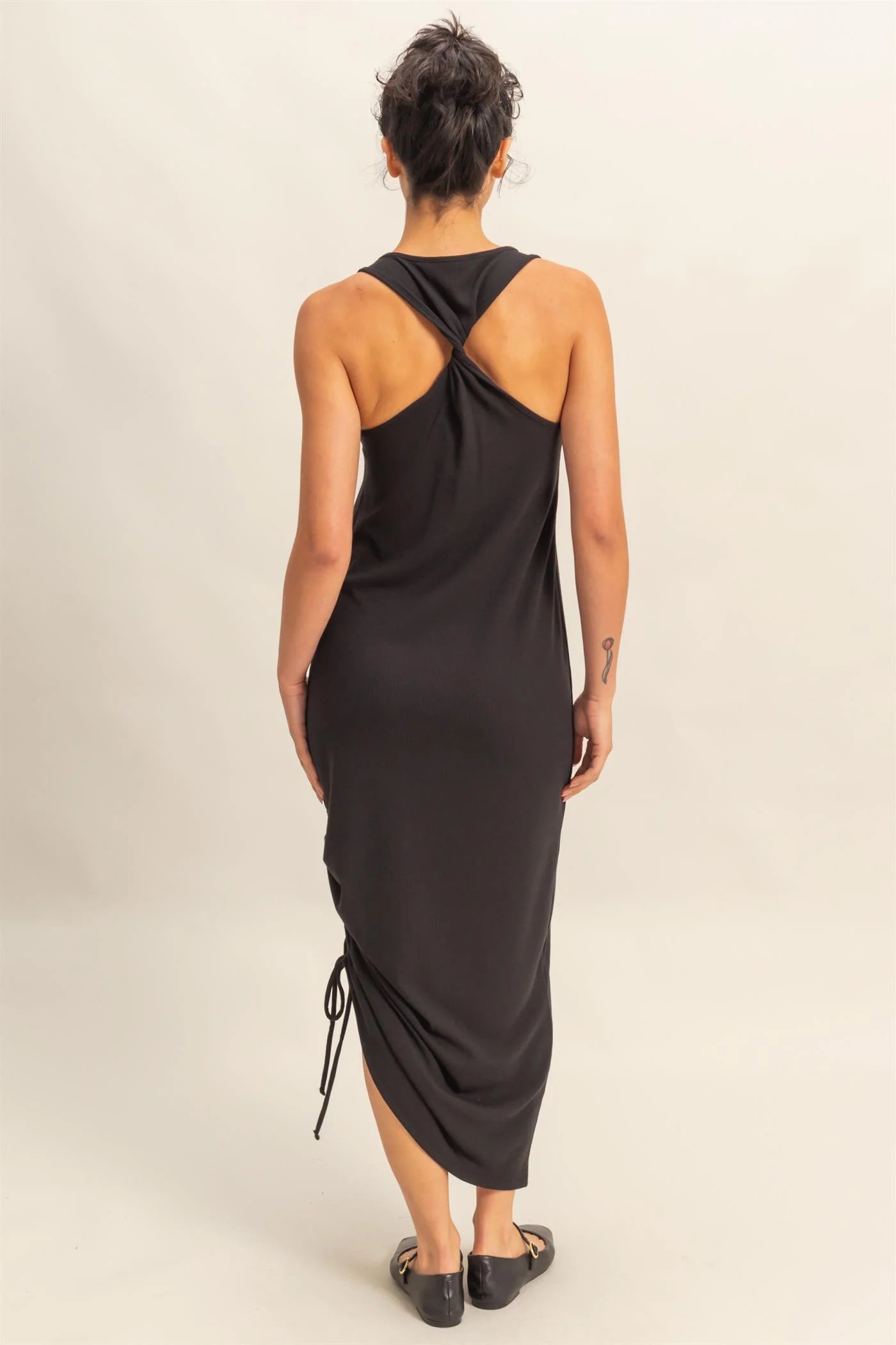 Malibu DZ25C152-Scoop Neck Side Tie Detail Midi Dress black