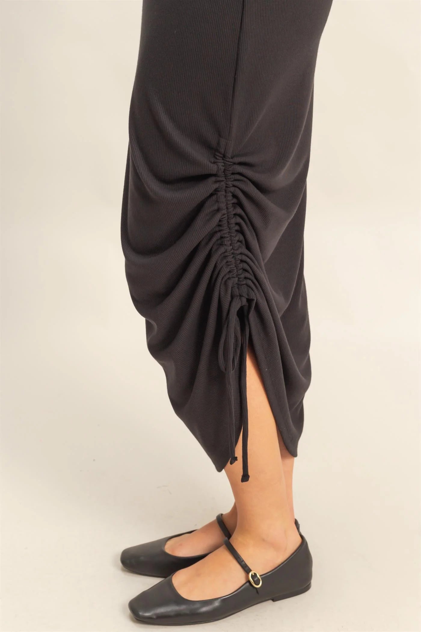Malibu DZ25C152-Scoop Neck Side Tie Detail Midi Dress black