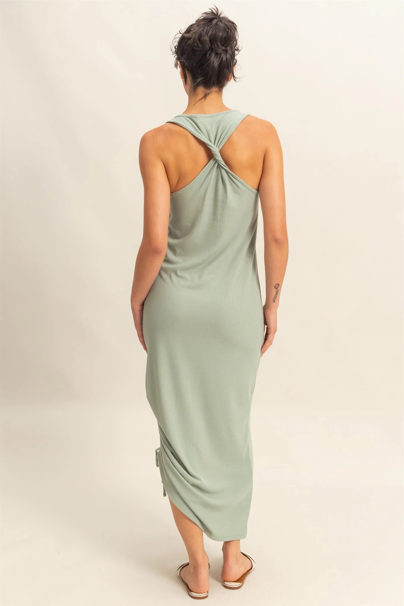 Malibu DZ25C152-Scoop Neck Side Tie Detail Midi Dress sage