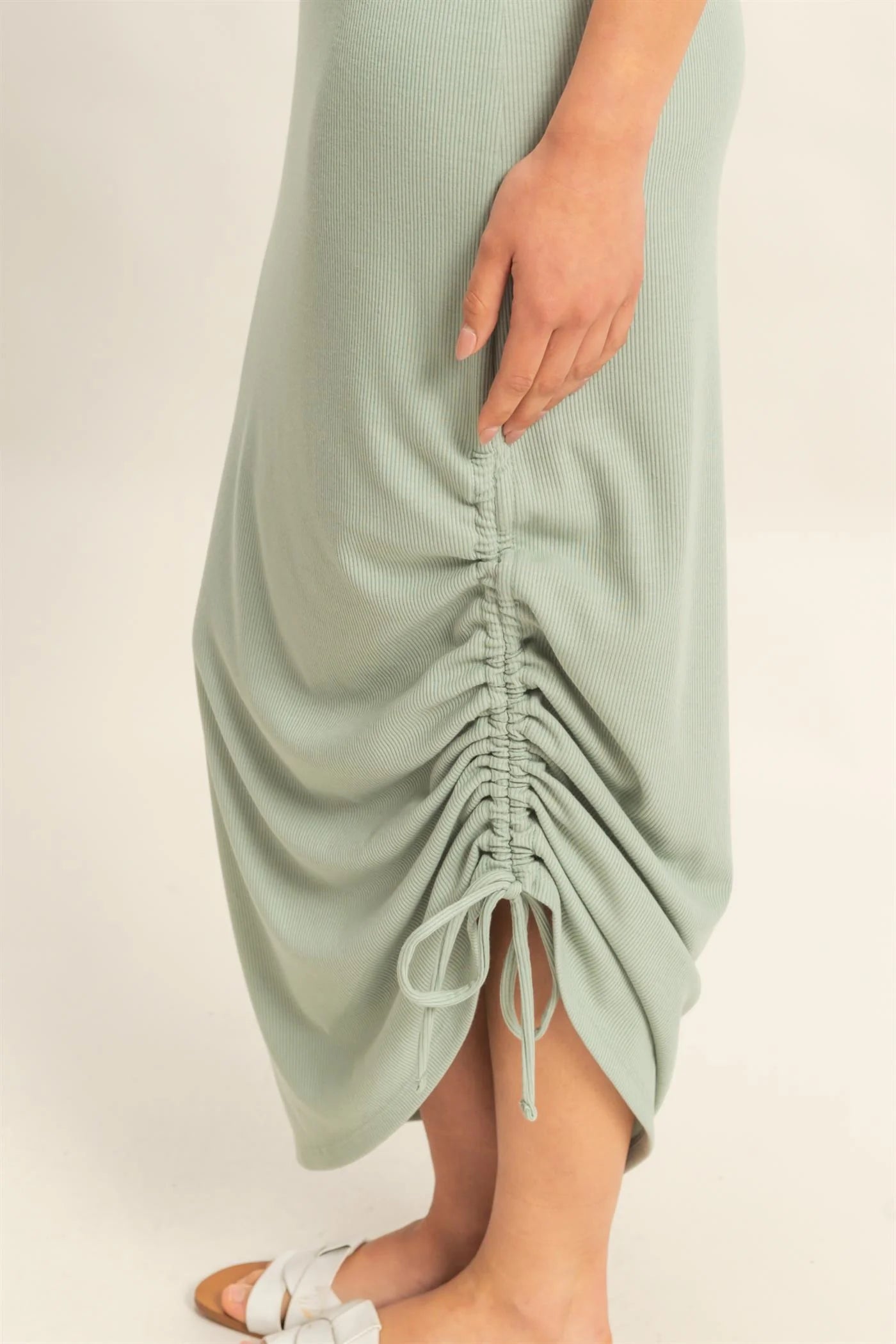 Malibu DZ25C152-Scoop Neck Side Tie Detail Midi Dress sage
