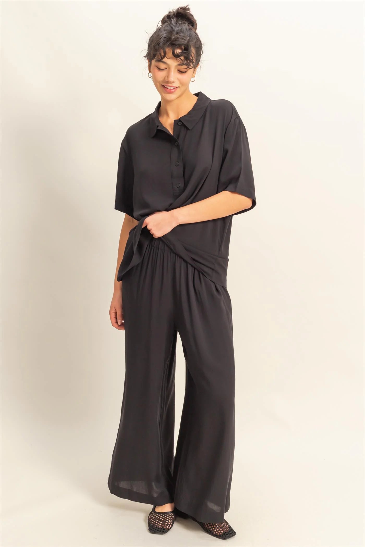 Malibu DZ25C192-High Waist Woven Wide Leg Pants black