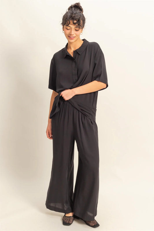 Malibu DZ25C192-High Waist Woven Wide Leg Pants  black