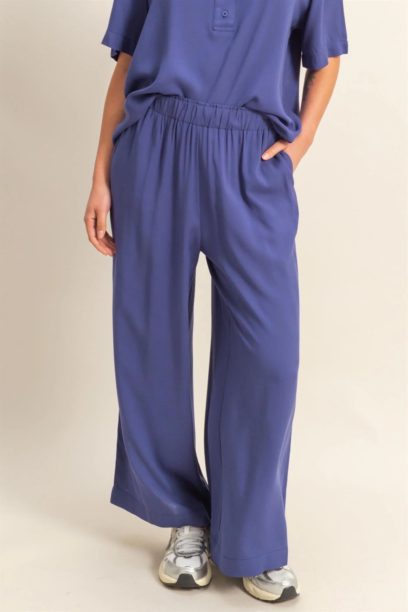 Malibu DZ25C192-High Waist Woven Wide Leg Pants dusty indigo