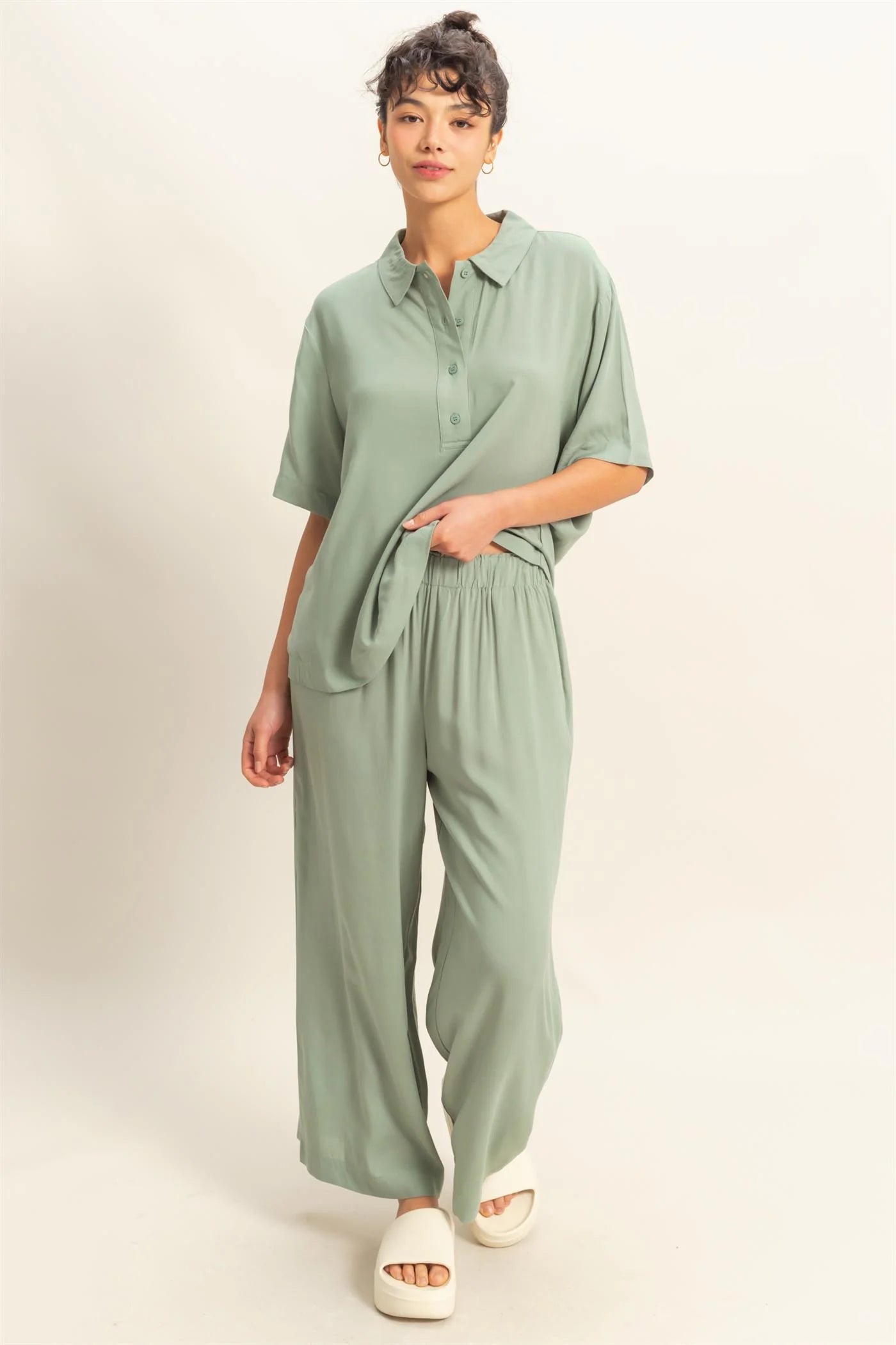 Malibu DZ25C192-High Waist Woven Wide Leg Pants sage green