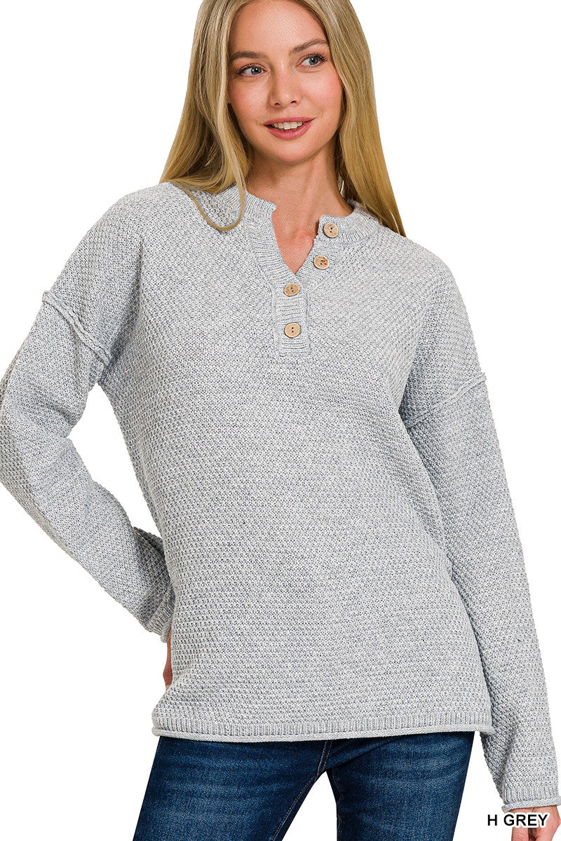 Malibu 4 button henley sweater tw-2326 heather grey