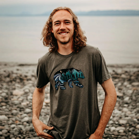 West Coast Karma Colourful Bear Mens Tee in Heather Military Green