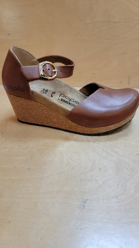 Birkenstock Mary ring buckle leather wedge 1023525 cognac