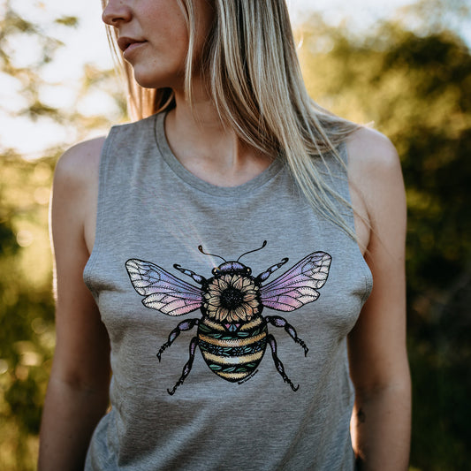 West Coast Karma Colourful Sunflower Bee Muscle Tank in Grey