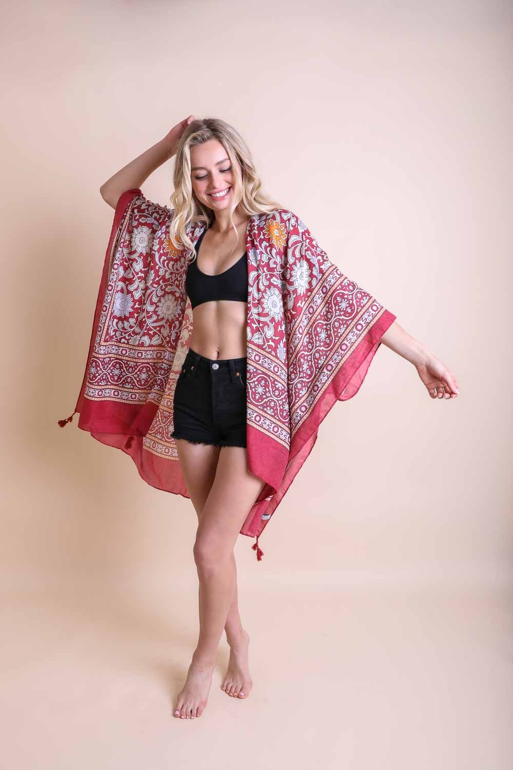 Malibu touch of morroco tapestry tasel kimono 4037 red