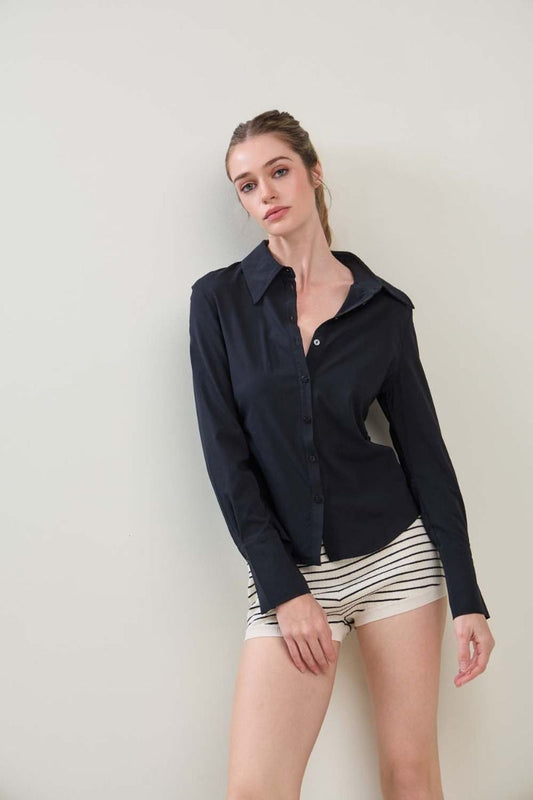 Malibu side shirring slim fit button down long sleeve shirt super stretch s10548 black