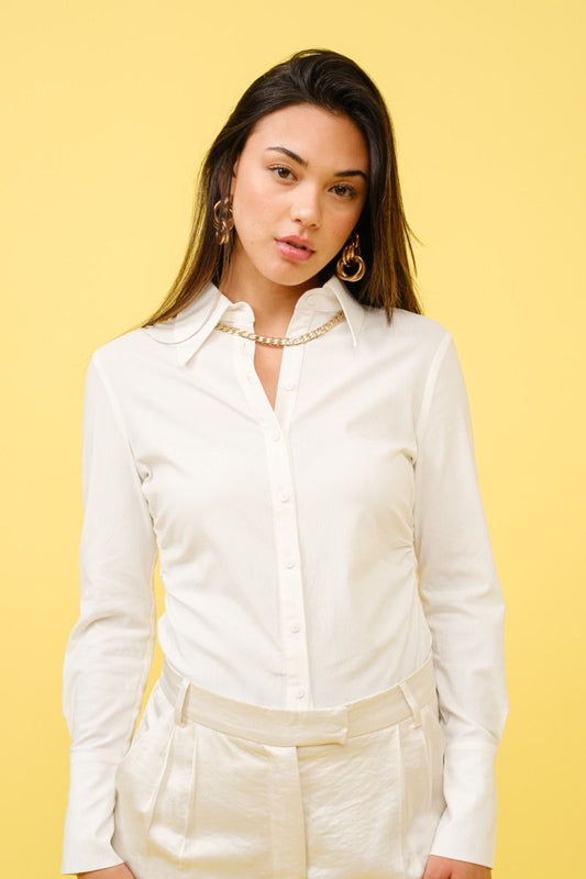 Malibu side shirring slim fit button down long sleeve shirt super stretch s10548 white
