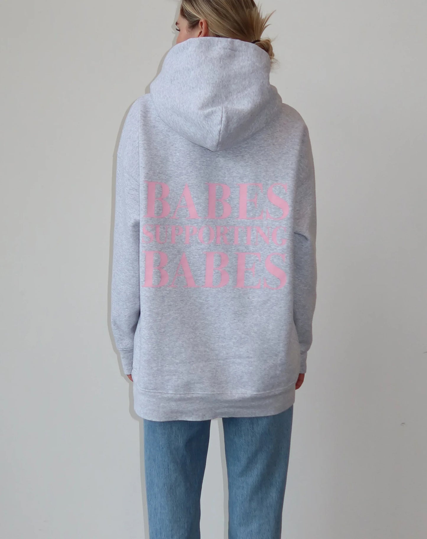 Brunette the Label The "BABES SUPPORTING BABES" Big Sister Hoodie | Pebble Grey & Baby Pink btls550vd24