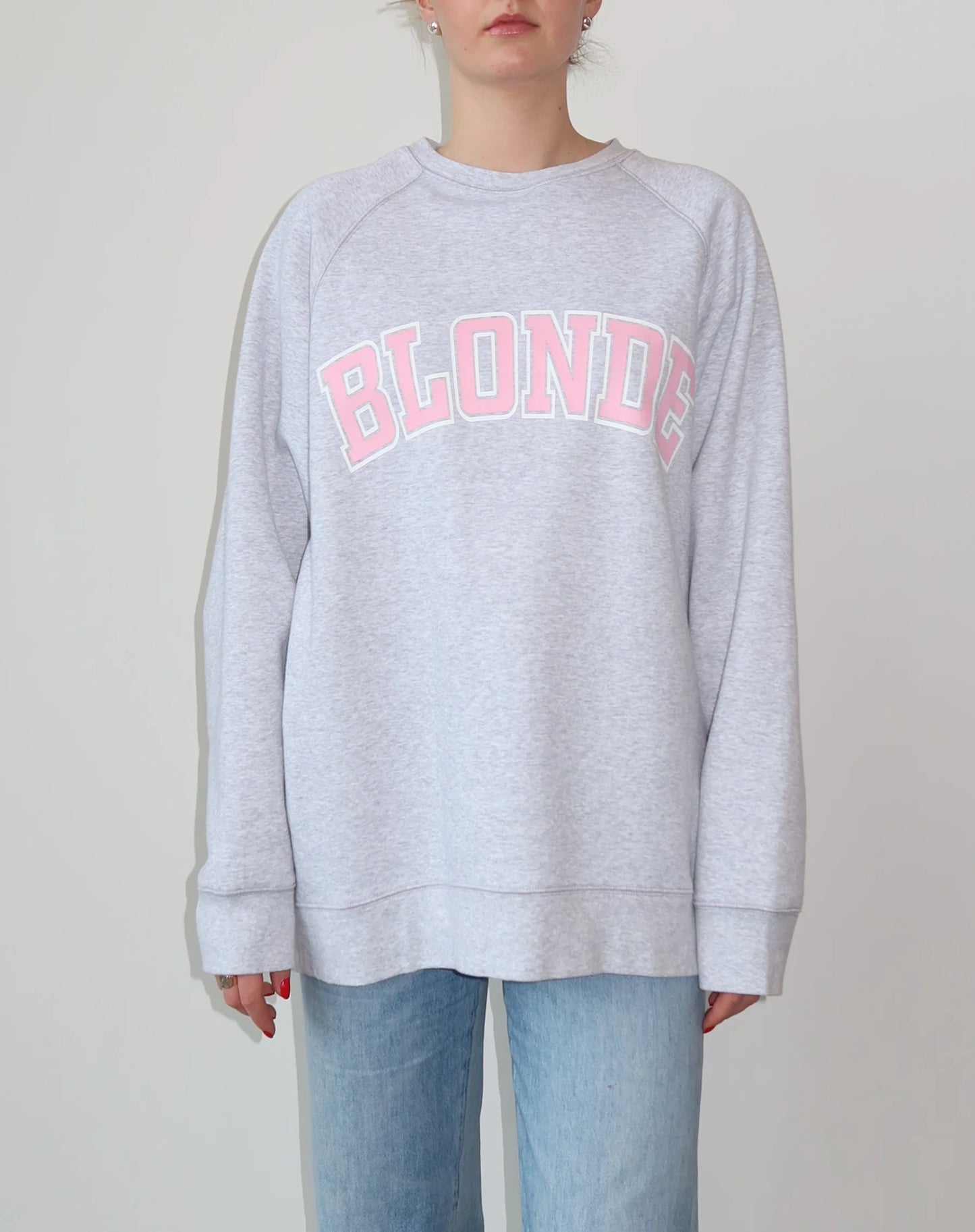 Brunette the Label The "BLONDE" Not Your Boyfriend's Varsity Crew Neck Sweatshirt | Pebble Grey & Baby Pink btls003vd24