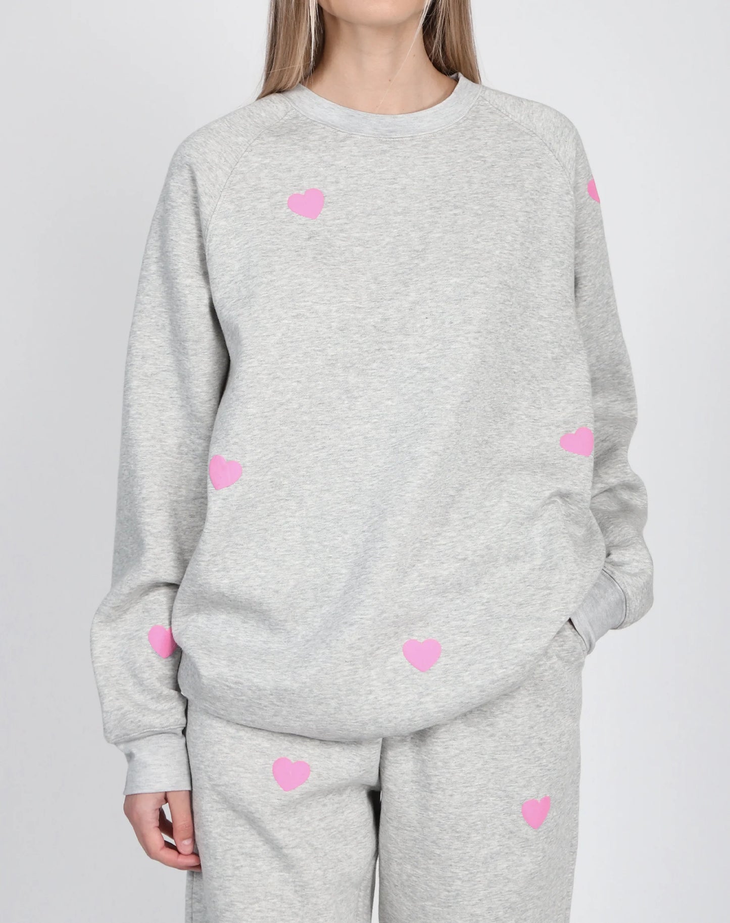 Brunette the Label The "ALL OVER HEART" Big Sister Crew Neck Sweatshirt | Pebble Grey & Baby Pink btls590vd24