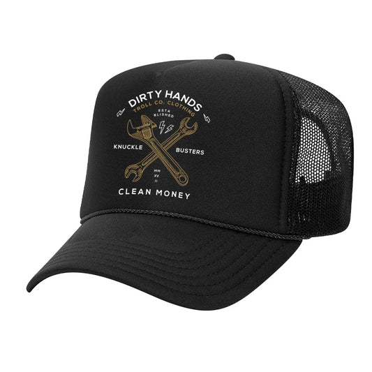 Dirty Hands Clean Money twisting wrenches trucker hat tc1982 black