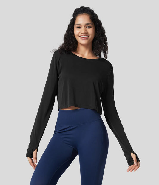 Malibu crisscross cut out thumb home cropped sport top black