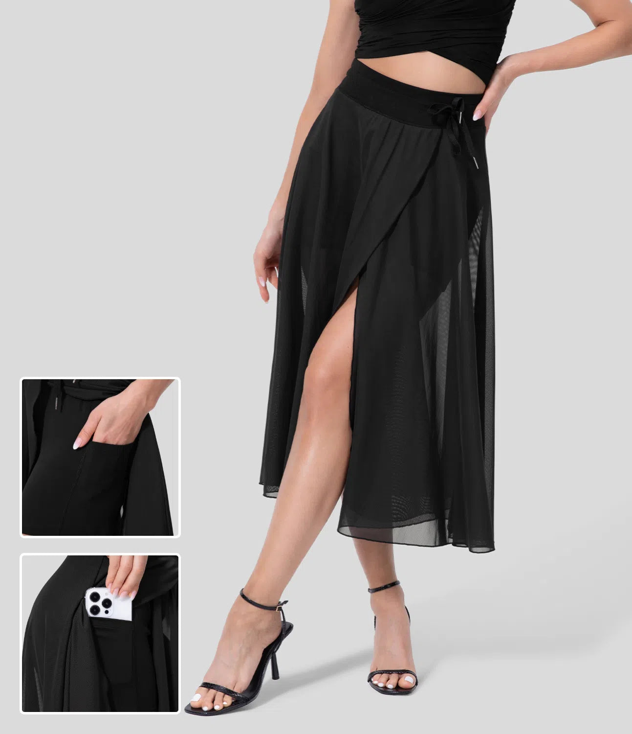 Malibu high waisted drawstring 2 in 1 midi skirt