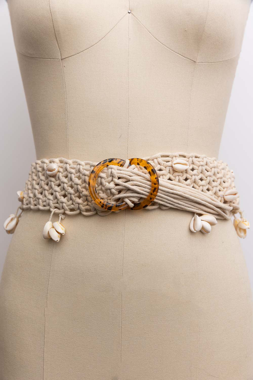 Malibu rope braided sea shell embroidered tie up belt 8060 natural