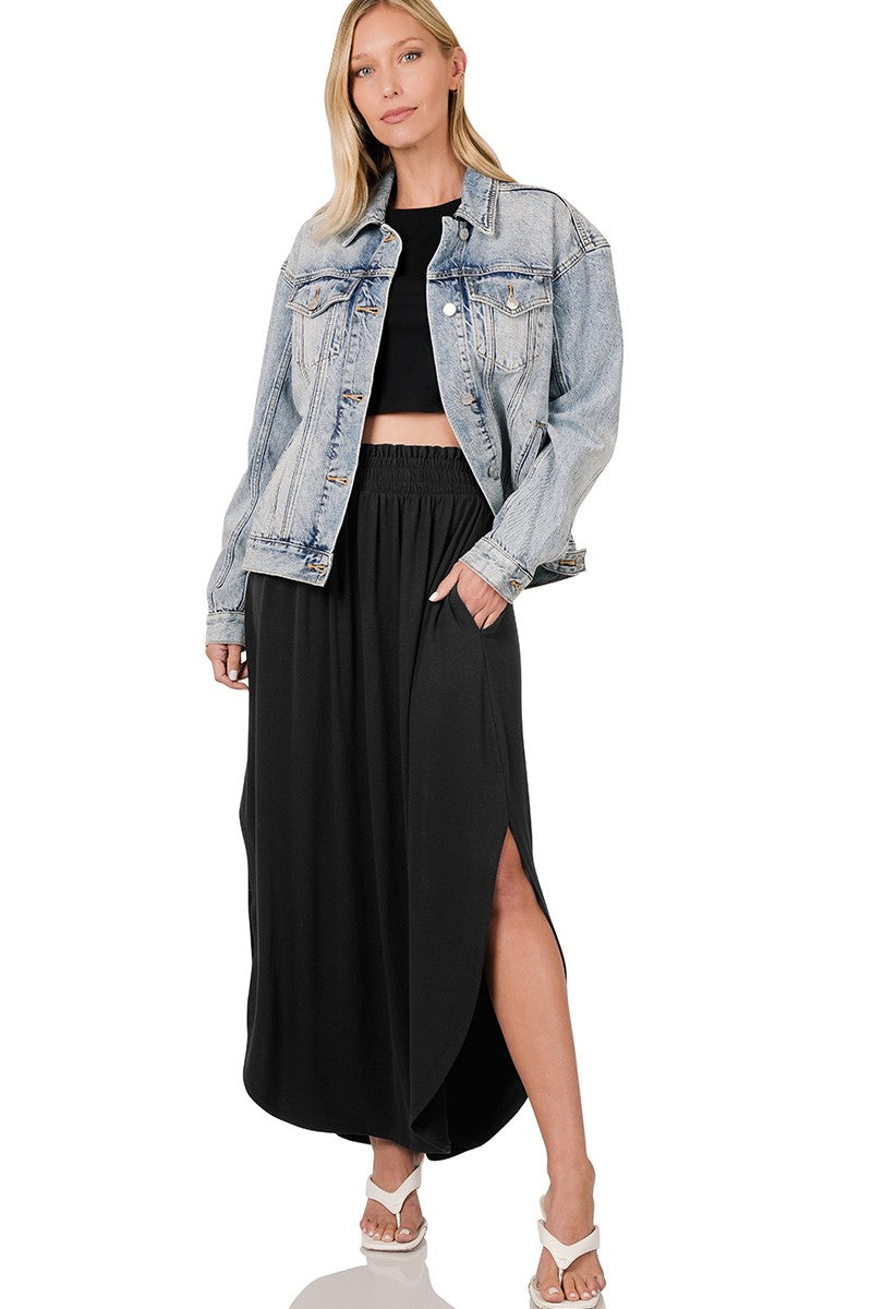 Malibu smocked waist side slit maxi skirt with pockets rs-7376a black