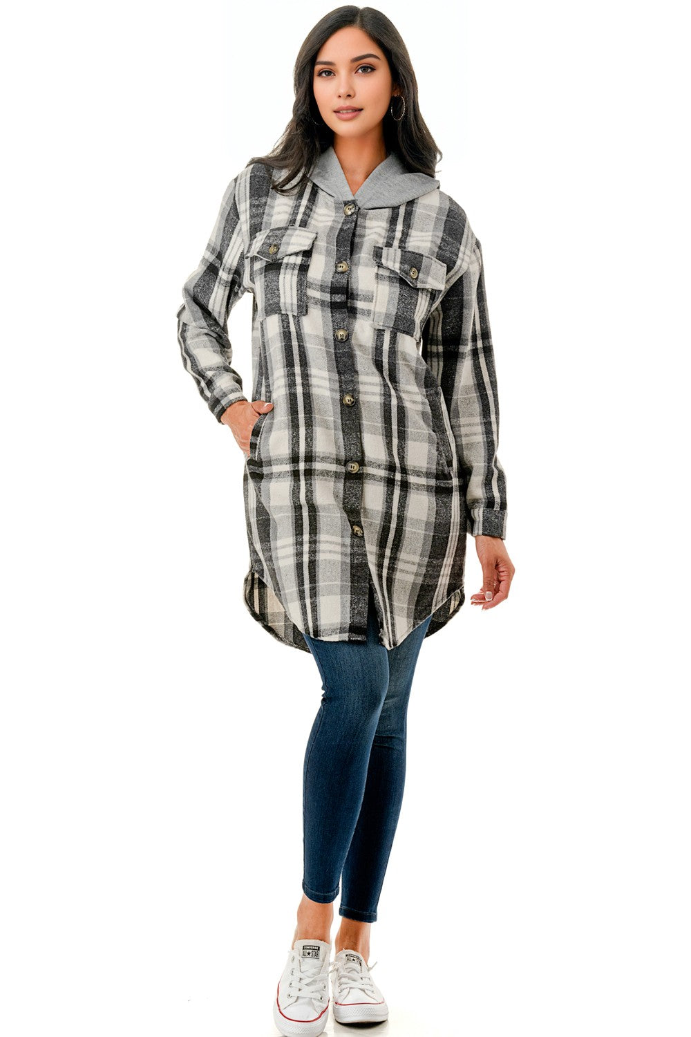 Malibu Plaid over size long flannel shacket with hood jk0388 black