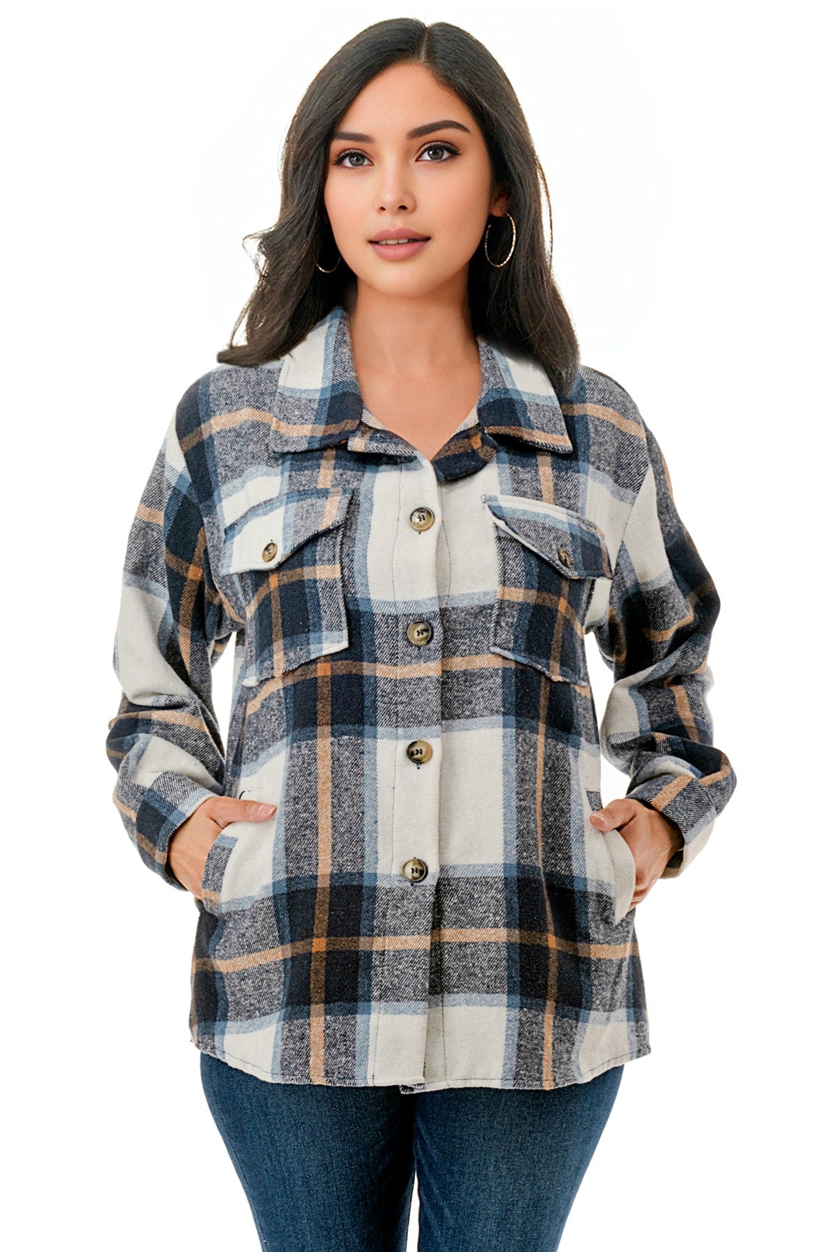 Malibu Plaid over size long flannel shacket with hood jk8828 light blue