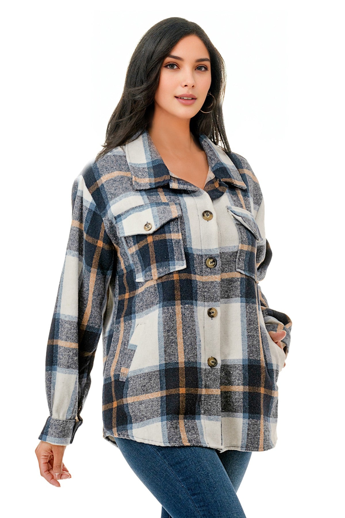 Malibu Plaid over size long flannel shacket with hood jk8828 light blue