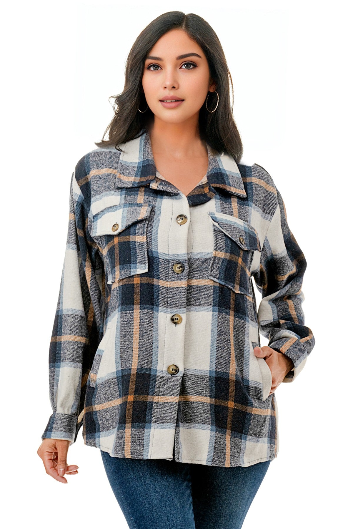 Malibu Plaid over size long flannel shacket with hood jk8828 light blue