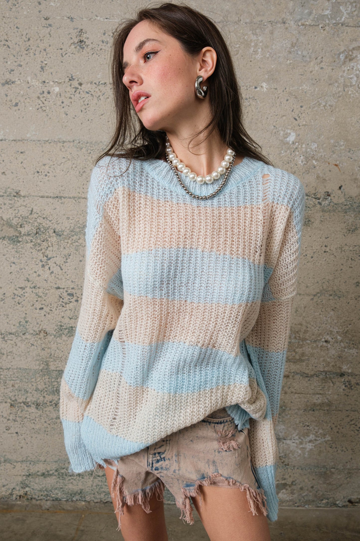 Malibu distressed pullover sweater s6222a blue/taupe