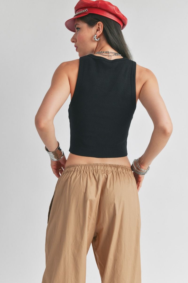 Malibu ribbed cropped tank with raw edge S10400 black