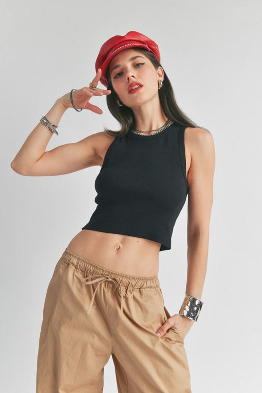Malibu ribbed cropped tank with raw edge S10400 black