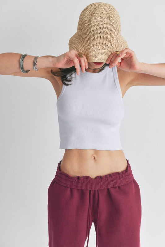 Malibu ribbed cropped tank with raw edge S10400 white