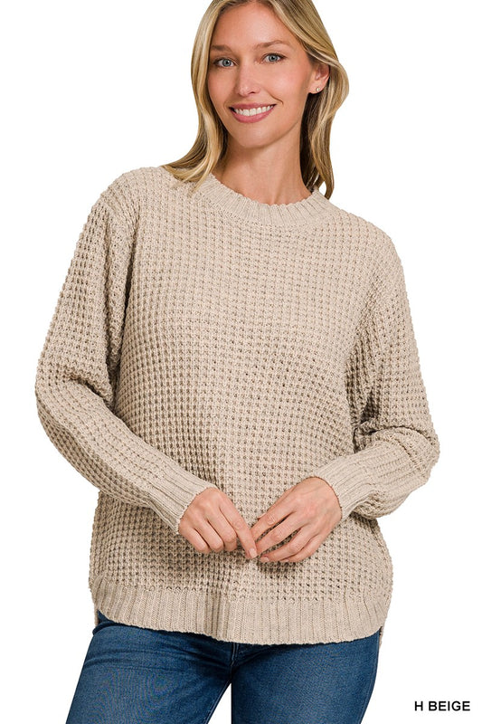 Malibu hi-lo round neck waffle sweater tw-2416y heathered beige