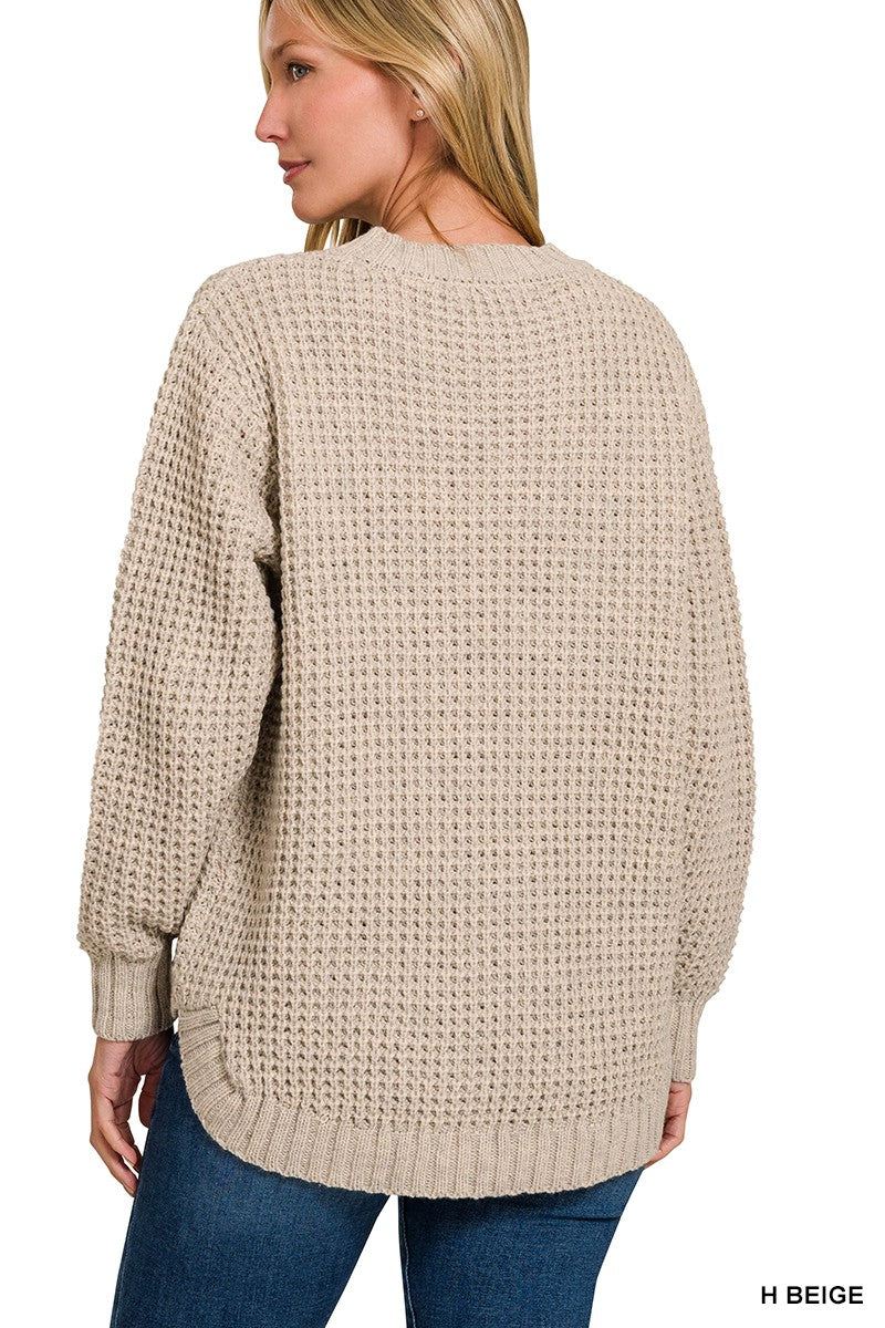 Malibu hi-lo round neck waffle sweater tw-2416y heathered beige