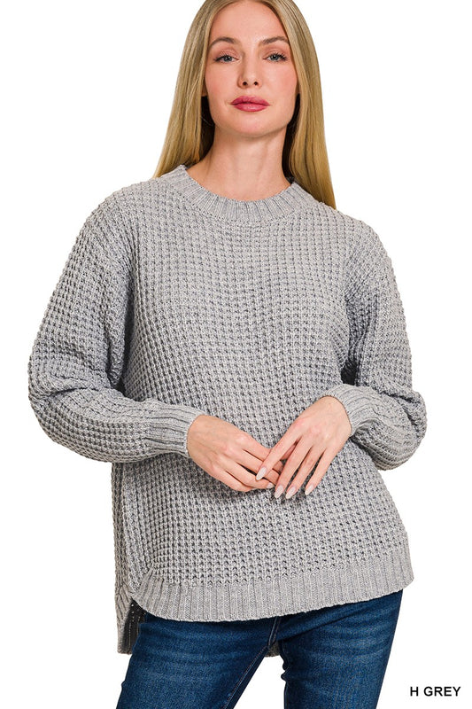 Malibu hi-lo round neck waffle sweater tw-2416y heathered grey