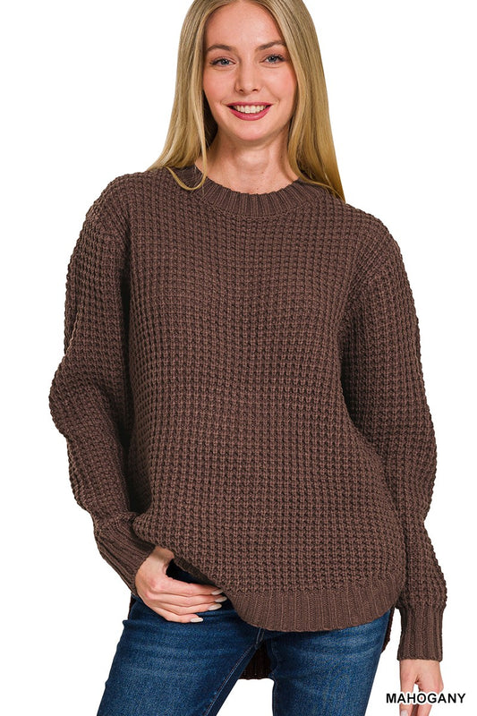 Malibu hi-lo round neck waffle sweater tw-2416y mahogany