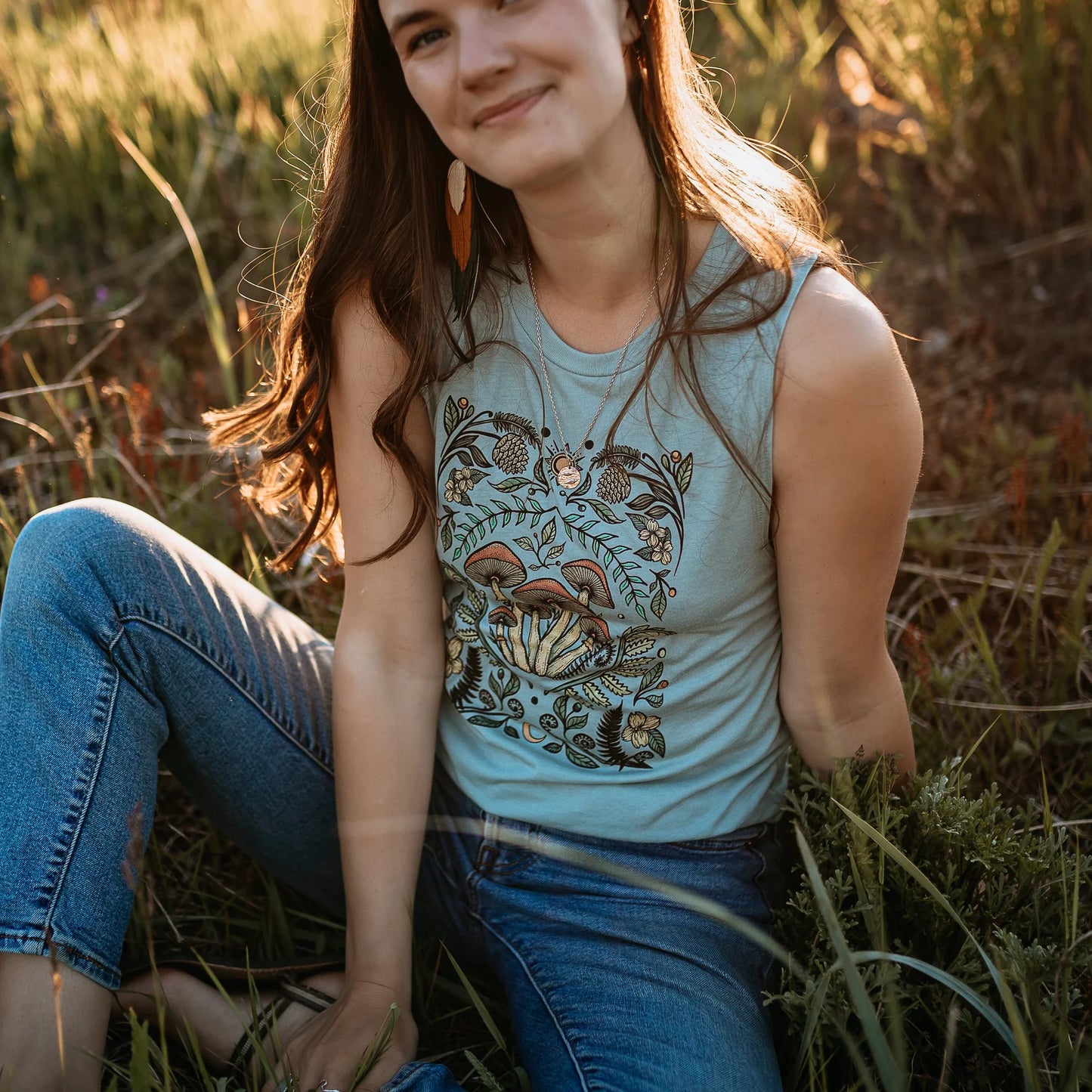 West Coast Karma Cottage Mushroom Muscle Tank in Stonewash Green