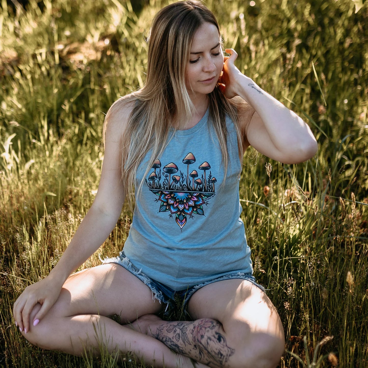 West Coast Karma Mushroom Mandala Muscle Tank in Stonewash Blue