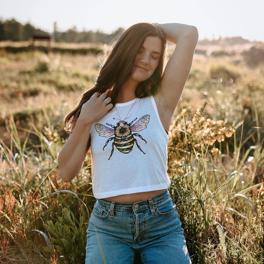 West Coast Karma Sunflower Bee Crop Tank in White