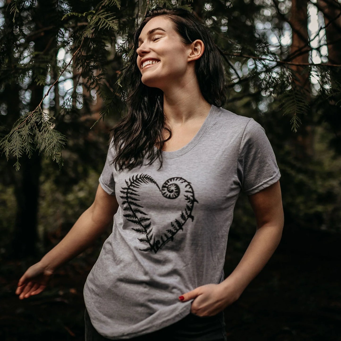 West Coast Karma Fern Heart Eco Scoop Tee in Heather Grey *Made in Canada*