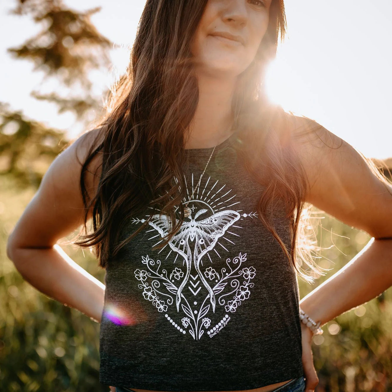 West Coast Karma Luna Folk Art Crop Tank in Charcoal Grey