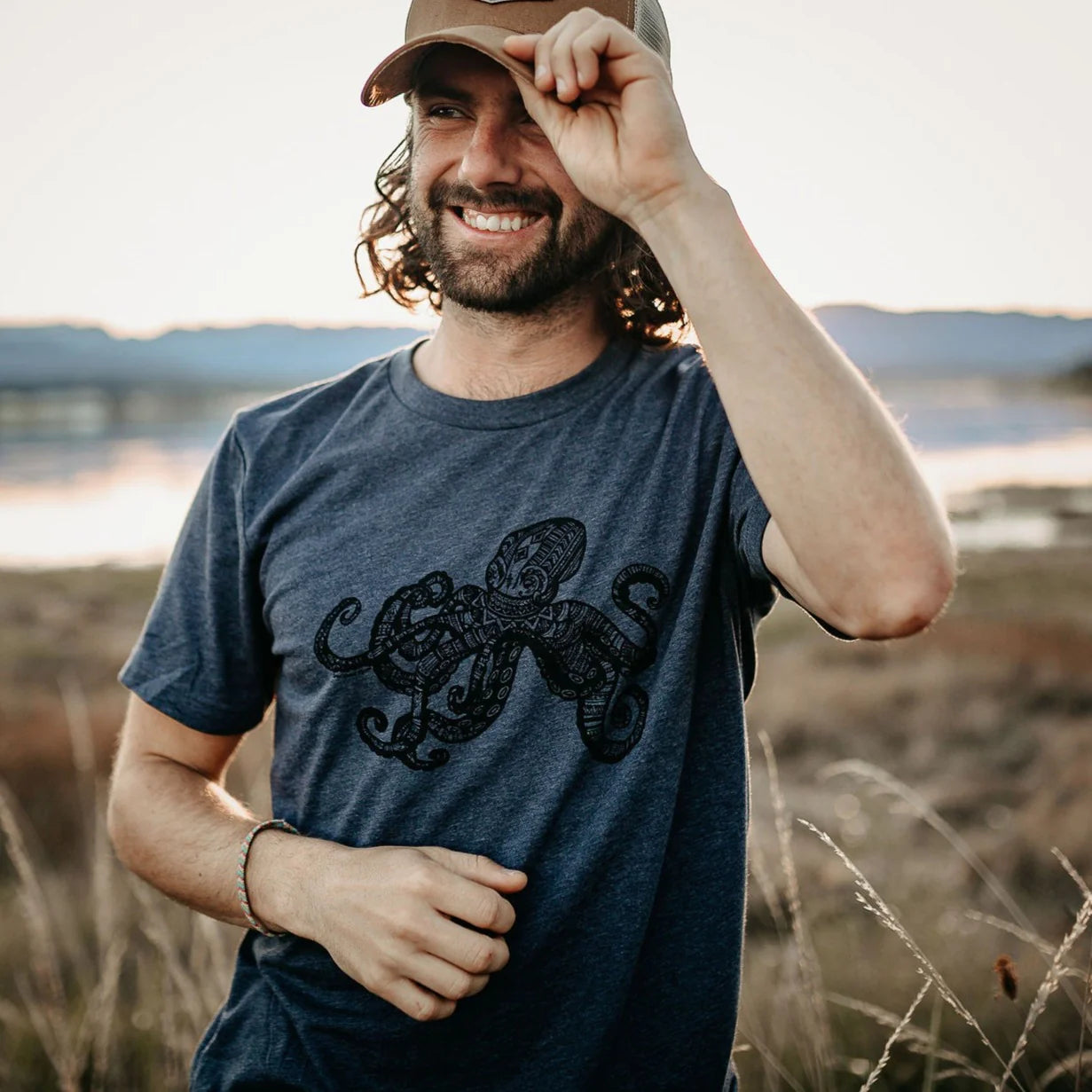 West Coast Karma Geometric Octopus Mens Tee in Navy